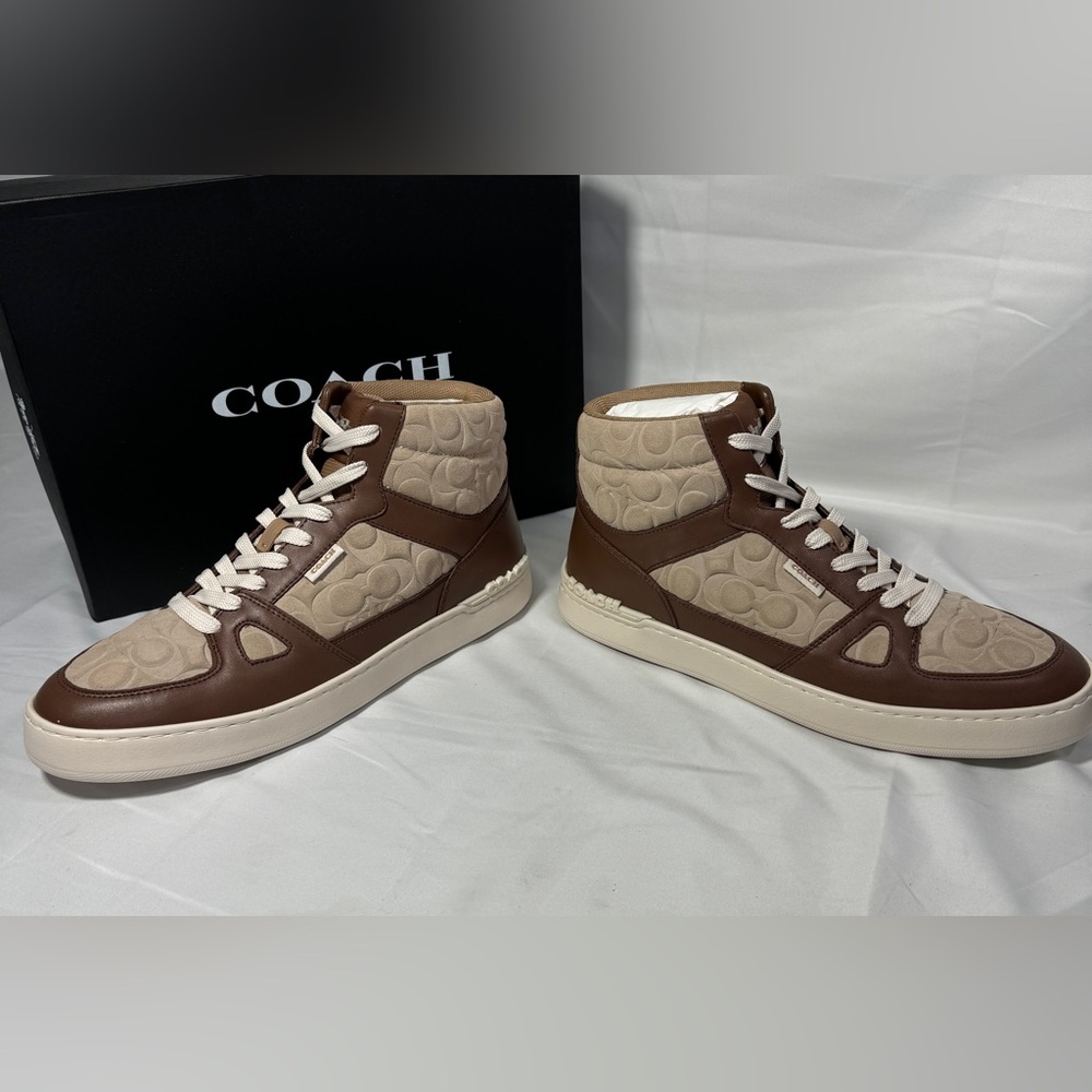 New Authentic Coach Mens Taupe Clip Court High Top Sneaker In Signature Sz 11 - Picture 10 of 14